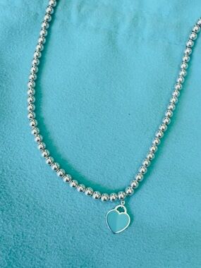 18” Return to Tiffany Blue Enamel Mini Heart Tag Bead Necklace
